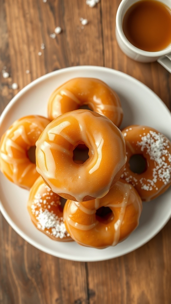 Classic Glazed Donuts Recipe Four glazed donuts on a plate with a cup of coffee on a wooden table.